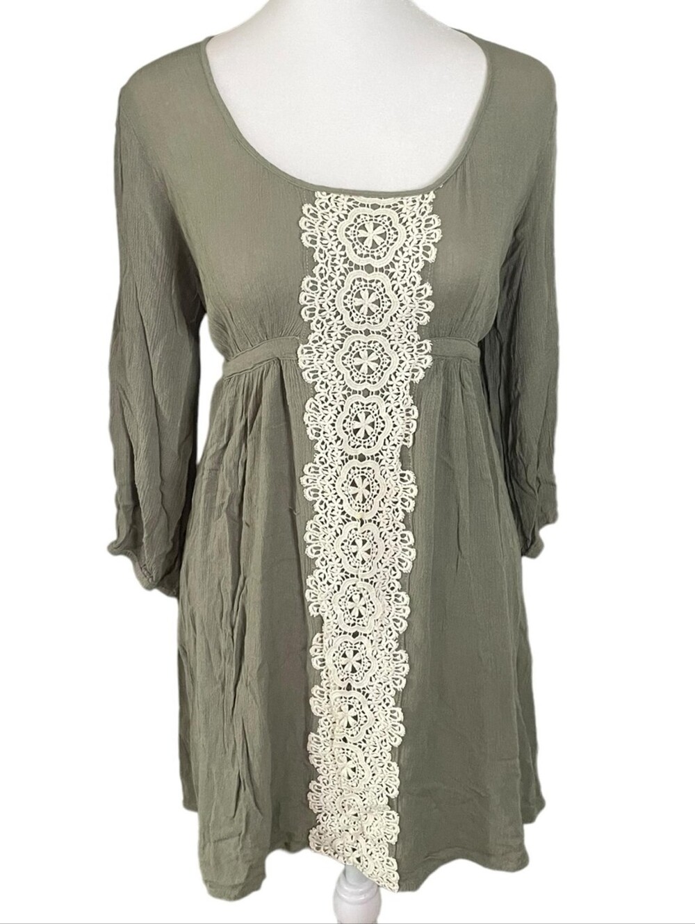 Flying Tomato Olive Tunic with Cream Crochet Front.  1X Plus